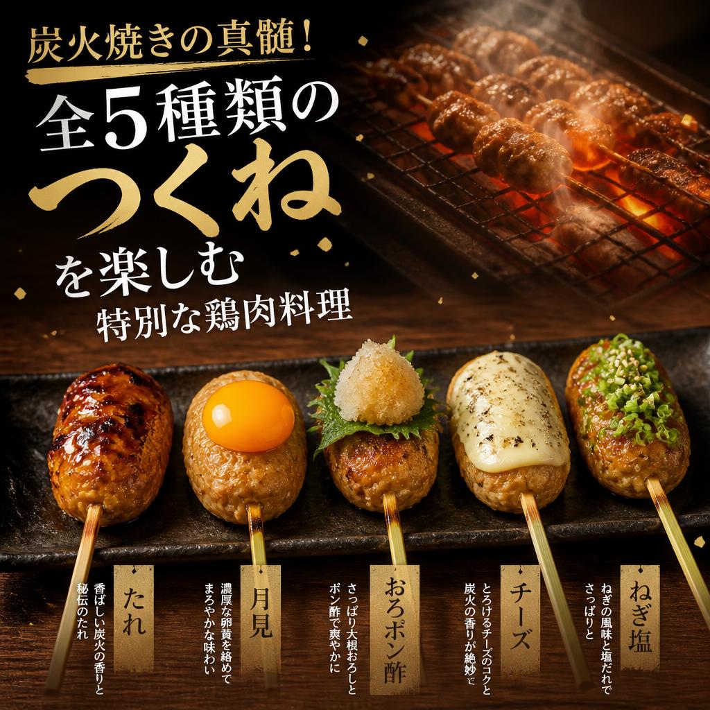 炭火焼きの真髄！全５種類のつくねを楽しむ特別な鶏肉料理